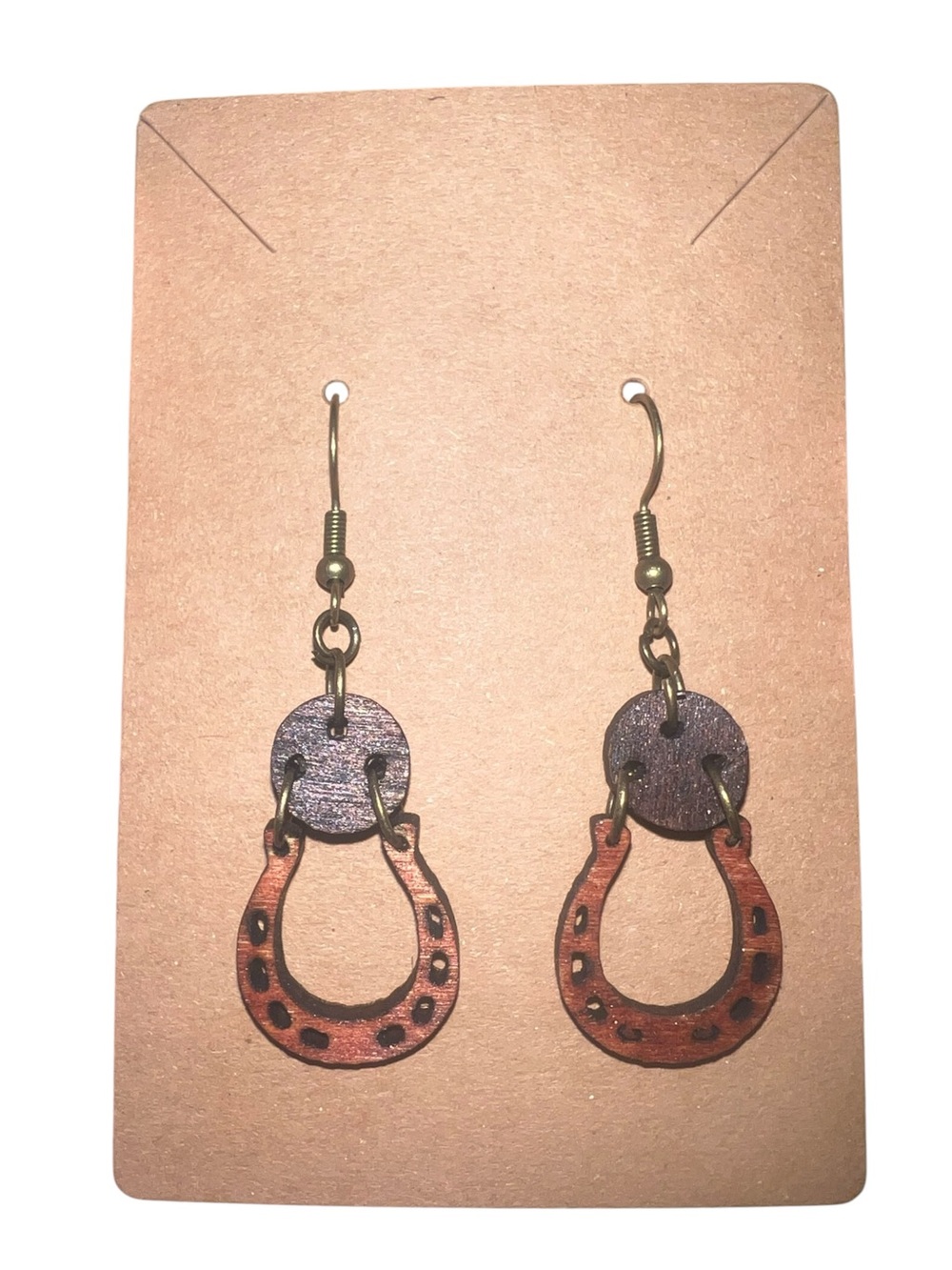 Wooden Horseshoe Drop Earrings in Brown and Tan - Picture 2 of 4
